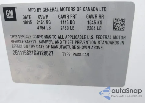 2016 Chevrolet Impala 2Lt z USA, uszkodzony, nr VIN 2G1115S31G9128827